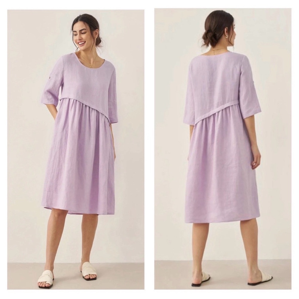 NWT Lintico XL Linen Dress YOLANDA Asymmetrical Purple Round Neck Midi